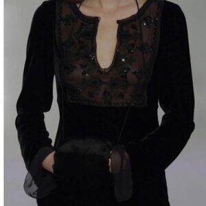 BLUMARINE  Italy Black Velvet silk beaded embroidered sheer front/back 42/36